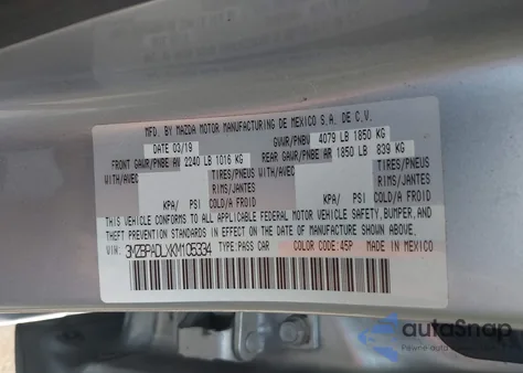 2019 Mazda Mazda3 Preferred Package from USA, damaged, VIN 3MZBPADLXKM105334